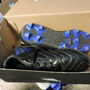 ADIDAS boys sport shoes  size 2 black w/blue stripes and black laces